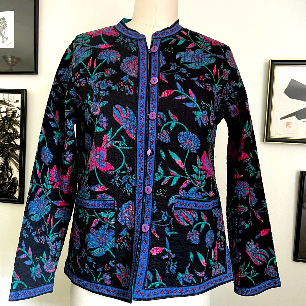 Vtg Boho Floral Trapunto Stitch Reversable Quilted Jacket S